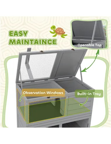 PawHut Wooden Tortoise House with Storage Cabinet, Openable Top, Lamp Holder, Windows, Light Grey