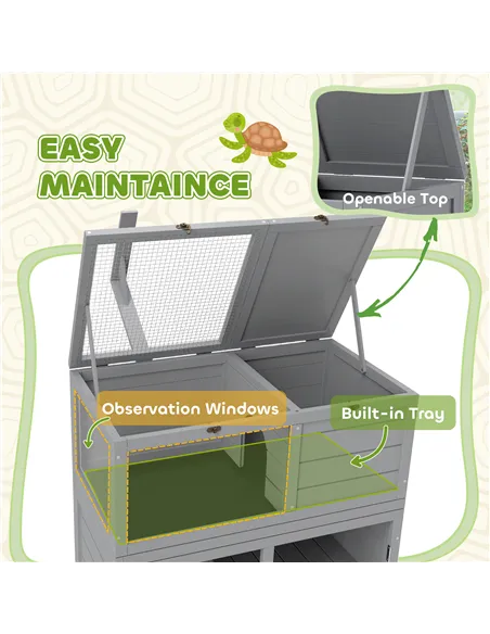 PawHut Wooden Tortoise House with Storage Cabinet, Openable Top, Lamp Holder, Windows, Light Grey