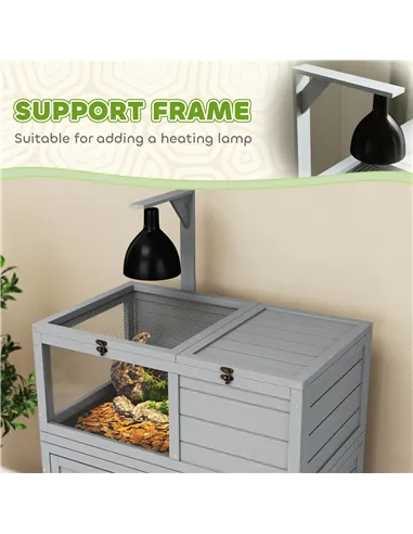 PawHut Wooden Tortoise House with Storage Cabinet, Openable Top, Lamp Holder, Windows, Light Grey