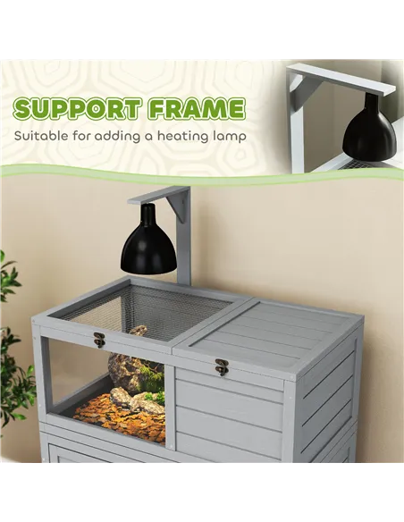 PawHut Wooden Tortoise House with Storage Cabinet, Openable Top, Lamp Holder, Windows, Light Grey