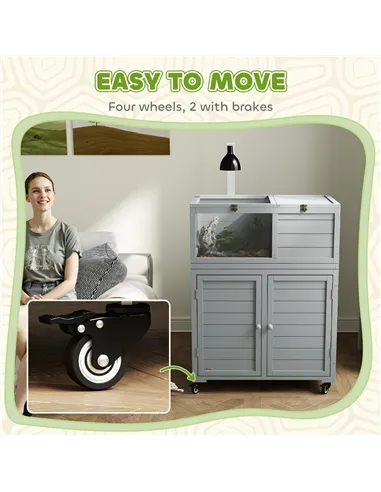 PawHut Wooden Tortoise House with Storage Cabinet, Openable Top, Lamp Holder, Windows, Light Grey