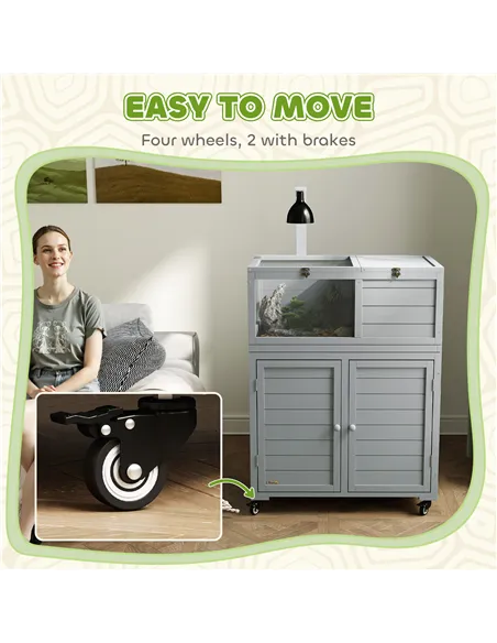 PawHut Wooden Tortoise House with Storage Cabinet, Openable Top, Lamp Holder, Windows, Light Grey
