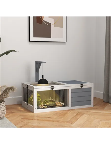 PawHut Wooden Tortoise Enclosure, Tortoise House w/ Lamp Holder, for Outdoor, Indoor, Light Grey