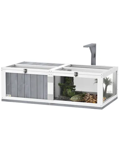 PawHut Wooden Tortoise House with Lamp Holder, Clear Windows, Openable Tops, Built-In Tray, Light Grey