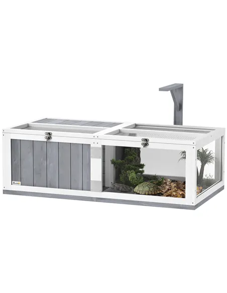 PawHut Wooden Tortoise House with Lamp Holder, Clear Windows, Openable Tops, Built-In Tray, Light Grey