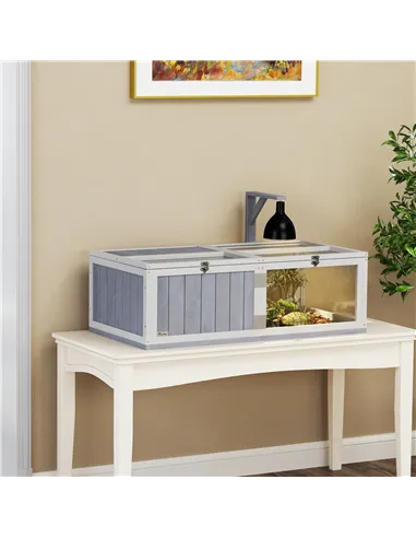 PawHut Wooden Tortoise House with Lamp Holder, Clear Windows, Openable Tops, Built-In Tray, Light Grey
