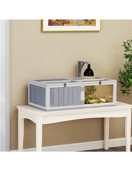 PawHut Wooden Tortoise House with Lamp Holder, Clear Windows, Openable Tops, Built-In Tray, Light Grey