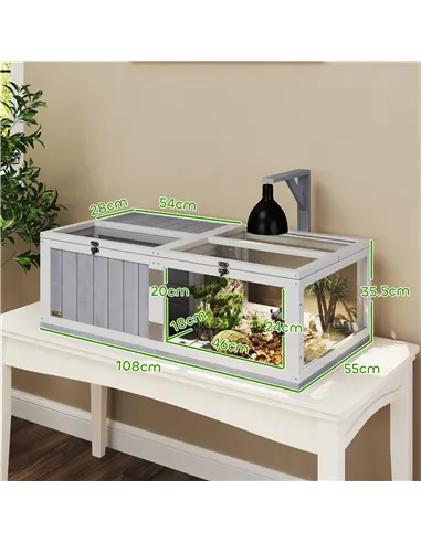 PawHut Wooden Tortoise House with Lamp Holder, Clear Windows, Openable Tops, Built-In Tray, Light Grey