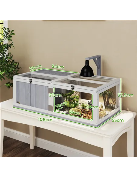 PawHut Wooden Tortoise House with Lamp Holder, Clear Windows, Openable Tops, Built-In Tray, Light Grey