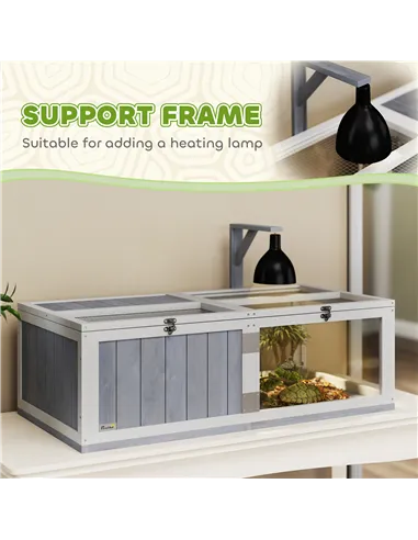 PawHut Wooden Tortoise House with Lamp Holder, Clear Windows, Openable Tops, Built-In Tray, Light Grey