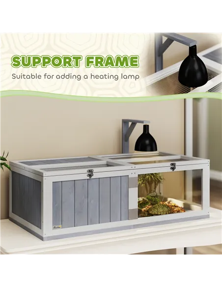 PawHut Wooden Tortoise House with Lamp Holder, Clear Windows, Openable Tops, Built-In Tray, Light Grey