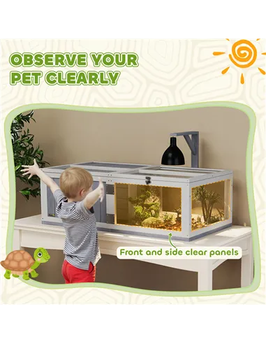 PawHut Wooden Tortoise House with Lamp Holder, Clear Windows, Openable Tops, Built-In Tray, Light Grey
