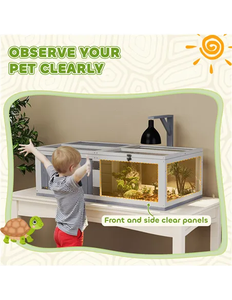 PawHut Wooden Tortoise House with Lamp Holder, Clear Windows, Openable Tops, Built-In Tray, Light Grey