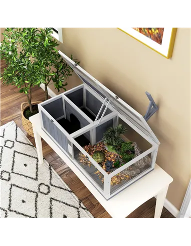 PawHut Wooden Tortoise House with Lamp Holder, Clear Windows, Openable Tops, Built-In Tray, Light Grey