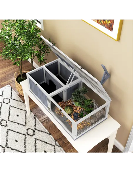 PawHut Wooden Tortoise House with Lamp Holder, Clear Windows, Openable Tops, Built-In Tray, Light Grey