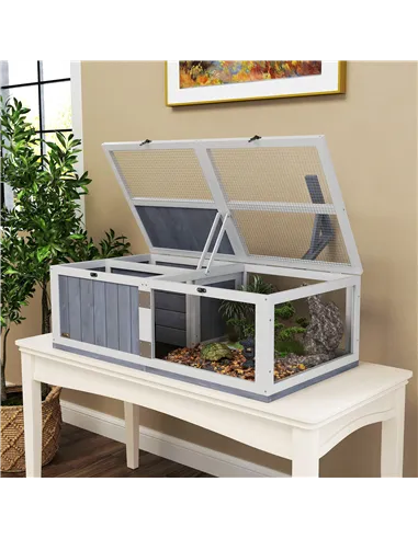 PawHut Wooden Tortoise House with Lamp Holder, Clear Windows, Openable Tops, Built-In Tray, Light Grey