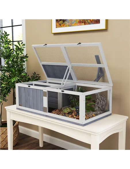PawHut Wooden Tortoise House with Lamp Holder, Clear Windows, Openable Tops, Built-In Tray, Light Grey