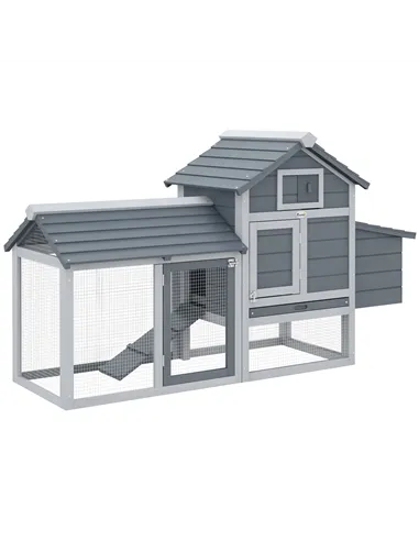PawHut Small Chicken Coop with Run Hen House Poultry Coops Cages Nesting Box Grey 150.5 x 54 x 87cm