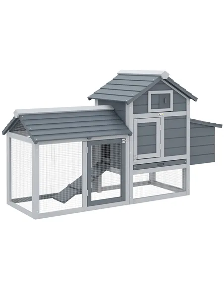 PawHut Small Chicken Coop with Run Hen House Poultry Coops Cages Nesting Box Grey 150.5 x 54 x 87cm