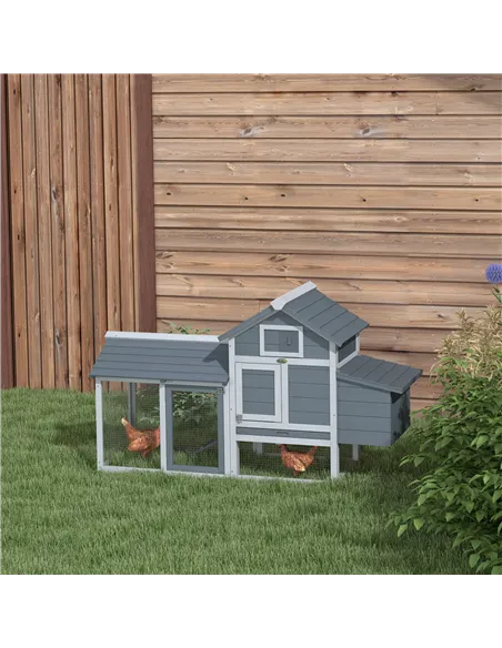 PawHut Small Chicken Coop with Run Hen House Poultry Coops Cages Nesting Box Grey 150.5 x 54 x 87cm