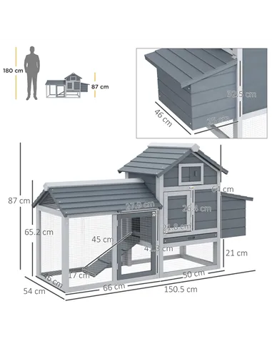 PawHut Small Chicken Coop with Run Hen House Poultry Coops Cages Nesting Box Grey 150.5 x 54 x 87cm