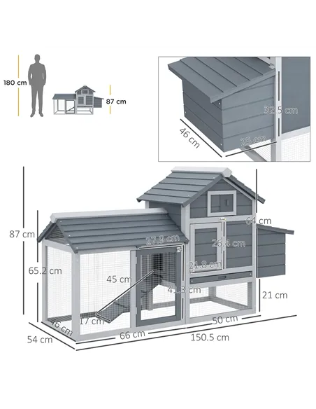 PawHut Small Chicken Coop with Run Hen House Poultry Coops Cages Nesting Box Grey 150.5 x 54 x 87cm