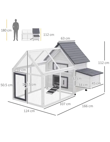 PawHut Chicken Coop with Run Wooden Hen House Pet Poultry Coops Cages Small Animal Outdoor Pen with Nesting Box 166 x 124 x 112c