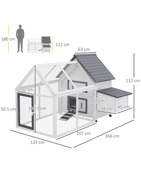 PawHut Chicken Coop with Run Wooden Hen House Pet Poultry Coops Cages Small Animal Outdoor Pen with Nesting Box 166 x 124 x 112c