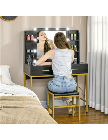 HOMCOM Dressing Table Set, with Storage and Stool - Black