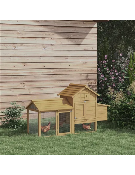 PawHut Small Chicken Coop with Run Hen House Poultry Coops Cages Nesting Box Wood 150.5 x 54 x 87cm