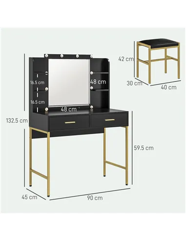 HOMCOM Dressing Table Set, with Storage and Stool - Black