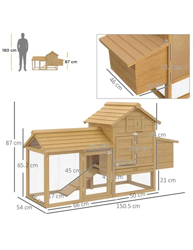 PawHut Small Chicken Coop with Run Hen House Poultry Coops Cages Nesting Box Wood 150.5 x 54 x 87cm