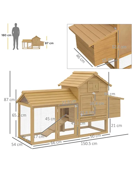 PawHut Small Chicken Coop with Run Hen House Poultry Coops Cages Nesting Box Wood 150.5 x 54 x 87cm
