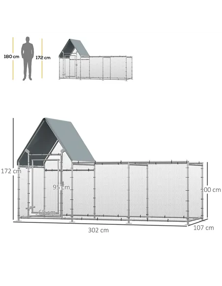 PawHut Walk In Chicken Run Chicken Coop, Large Poultry Cage Hen House for 6-8 Chickens Outdoor w/ Water-Resist Cover 302 x 107 x