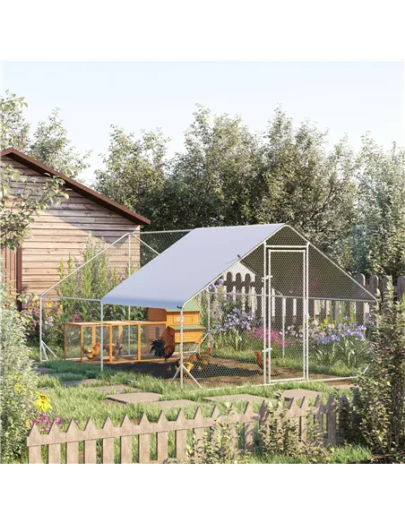 PawHut Chicken Walk-in Run, Galvanised Chicken Coop, Hen Poultry House Cage, Rabbit Hutch Pet Playpen Garden w/ Water-Resist Cov