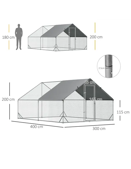 PawHut Chicken Walk-in Run, Galvanised Chicken Coop, Hen Poultry House Cage, Rabbit Hutch Pet Playpen Garden w/ Water-Resist Cov