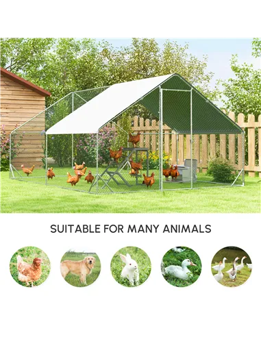 PawHut Chicken Walk-in Run, Galvanised Chicken Coop, Hen Poultry House Cage, Rabbit Hutch Pet Playpen Garden w/ Water-Resist Cov