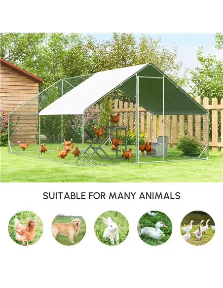 PawHut Chicken Walk-in Run, Galvanised Chicken Coop, Hen Poultry House Cage, Rabbit Hutch Pet Playpen Garden w/ Water-Resist Cov
