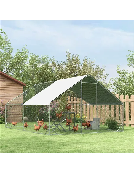 PawHut Chicken Walk-in Run, Galvanised Chicken Coop, Hen Poultry House Cage, Rabbit Hutch Pet Playpen Garden w/ Water-Resist Cov