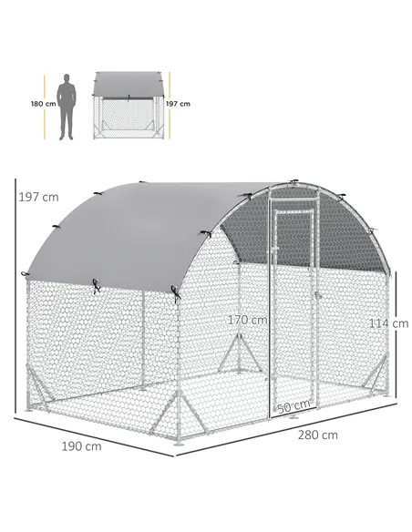 PawHut Walk In Chicken Run Galvanised Chicken Coop Hen Poultry House Cage Pet Playpen Garden with Water-Resist Cover, 2.8 x 1.9 