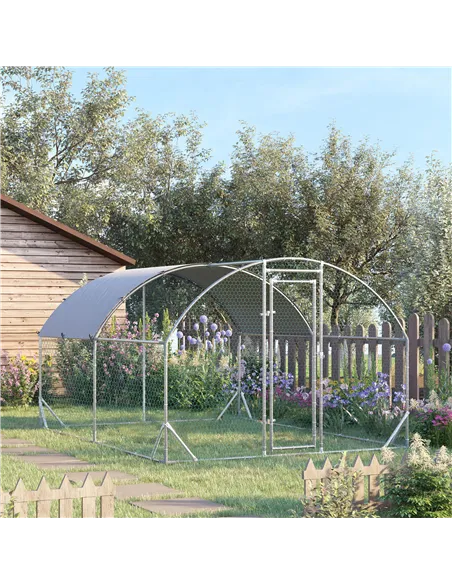 PawHut Walk In Chicken Run Galvanised Chicken Coop Hen Poultry House Cage Pet Playpen Garden with Water-Resist Cover, 2.8 x 3.8 