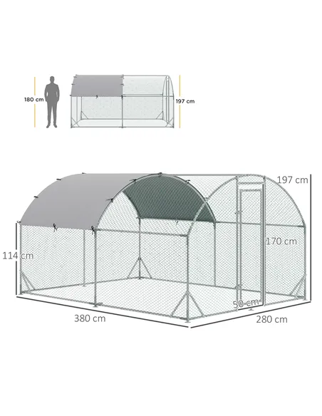 PawHut Walk In Chicken Run Galvanised Chicken Coop Hen Poultry House Cage Pet Playpen Garden with Water-Resist Cover, 2.8 x 3.8 