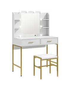 HOMCOM Dressing Table with Lighted Mirror, Cushioned Stool, Drawers, Shelves, LED Makeup Vanity Desk Set, Modern Dresser Vanity 