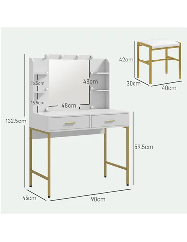 HOMCOM Dressing Table with Lighted Mirror, Cushioned Stool, Drawers, Shelves, LED Makeup Vanity Desk Set, Modern Dresser Vanity 