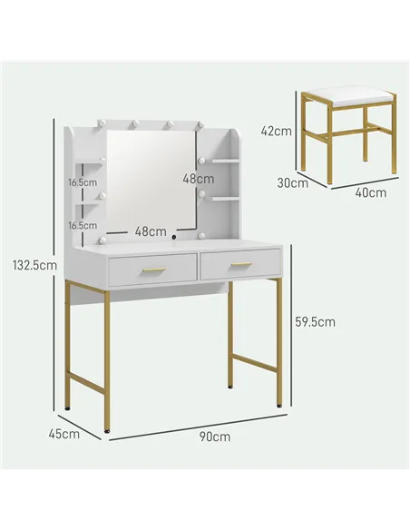 HOMCOM Dressing Table with Lighted Mirror, Cushioned Stool, Drawers, Shelves, LED Makeup Vanity Desk Set, Modern Dresser Vanity 