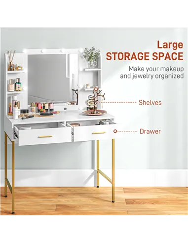 HOMCOM Dressing Table with Lighted Mirror, Cushioned Stool, Drawers, Shelves, LED Makeup Vanity Desk Set, Modern Dresser Vanity 