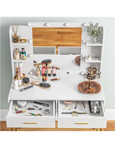 HOMCOM Dressing Table with Lighted Mirror, Cushioned Stool, Drawers, Shelves, LED Makeup Vanity Desk Set, Modern Dresser Vanity 