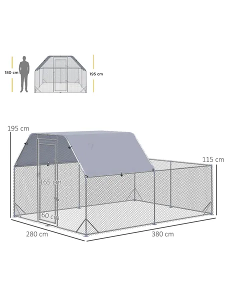PawHut Walk In Chicken Run Chicken Coop with Roof Outdoor for 10-12 Chickens, Hen House, Duck Pen, 2.8 x 3.8 x 2 m
