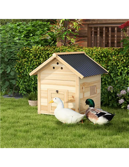 PawHut Wooden Duck House with Double Doors, Openable Roof, Ventilation Holes, Removable Base, Natural Wood Finish
