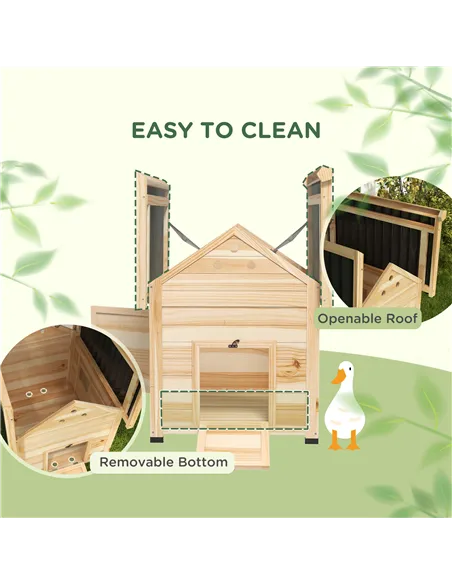 PawHut Wooden Duck House with Double Doors, Openable Roof, Ventilation Holes, Removable Base, Natural Wood Finish
